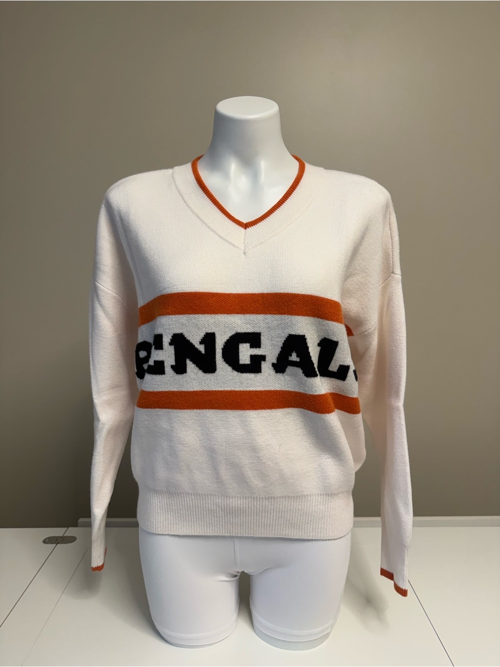 Abercrombie & Fitch White and Orange 'Bengals' V-Neck Sweater